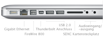Gigabit Ethernet, FireWire 800 port, Mini DisplayPort, Two USB 2.0 ports, SD Card Slot, Audio in/out