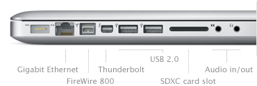 Gigabit Ethernet, FireWire 800 port, Mini DisplayPort, Two USB 2.0 ports, SD Card Slot, Audio in/out
