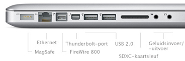 Gigabit Ethernet, FireWire 800 port, Mini DisplayPort, Two USB 2.0 ports, SD Card Slot, Audio in/out