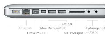 Gigabit Ethernet, FireWire 800 port, Mini DisplayPort, Two USB 2.0 ports, SD Card Slot, Audio in/out