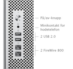 Power button, Headphone minijack, Two USB 2.0 ports, Two FireWire 800 ports