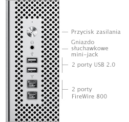 Przycisk zasilania, gniazdo słuchawkowe mini-jack, dwa porty USB 2.0, dwa porty FireWire 800