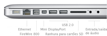 Gigabit Ethernet, FireWire 800 port, Mini DisplayPort, Two USB 2.0 ports, SD Card Slot, Audio in/out