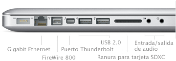 Gigabit Ethernet, FireWire 800 port, Mini DisplayPort, Two USB 2.0 ports, SD Card Slot, Audio in/out