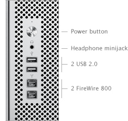 Power button, Headphone minijack, Two USB 2.0 ports, Two FireWire 800 ports