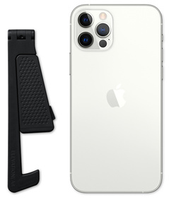 Vertical side view of closed stand next to iPhone showing its compact size.