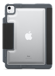 Rear of case, showing its rubberised TPU bracket with secure closure, and transparent back panel that lets you see any asset tags.
