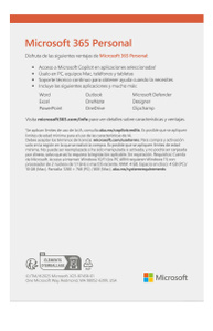 Tabla comparativa de los distintos paquetes de Microsoft que muestra que la versión Microsoft 365 Personal ofrece versiones prémium de Word, Excel, PowerPoint, Outlook y One Note, además de almacenamiento en la nube y otros servicios.
