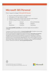 Una tabella di confronto di vari pacchetti Microsoft mostra che Microsoft 365 Personal offre le versioni premium di Word, Excel, PowerPoint, Outlook e One Note, archiviazione cloud e altro.