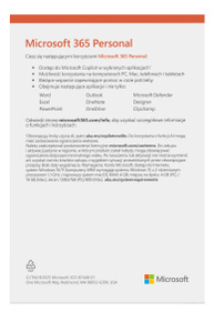 Tabela przedstawiająca porównanie różnych pakietów aplikacji Microsoft. Widać na nim, że pakiet Microsoft 365 Personal obejmuje wersje premium takich aplikacji, jak Word, Excel, PowerPoint, Outlook i One Note, a także miejsce w chmurze i inne rozwiązania.