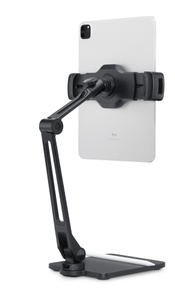 Angled back view of stand showing how the device mount’s arms open wide to hold iPad in portrait mode.