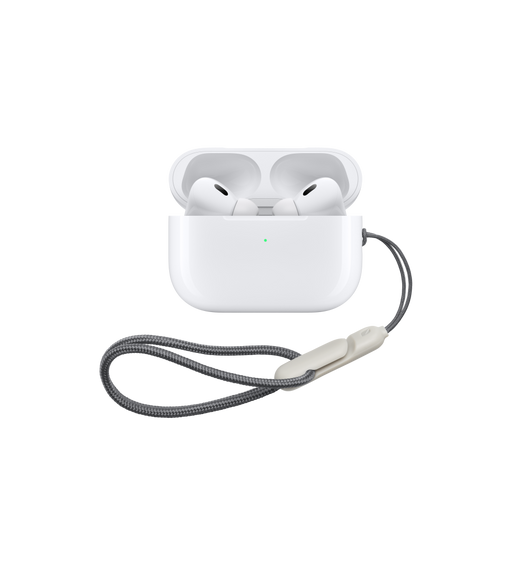 Front view of open charging case, with lanyard attached. Cord in front, looped to integrated clip.