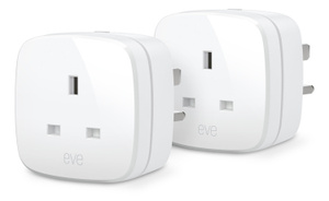 Angled front view of Eve Energy plugs, with Eve logo at front.