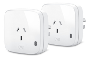 Angled front view of Eve Energy plugs, with Eve logo at front and LED power off, indicating its unplugged status.