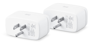 Angled rear view of Eve Energys, with grounded 3-prong plug and technical information