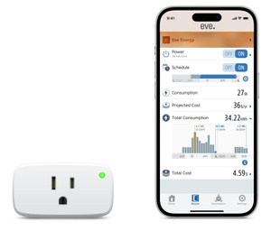  Eve Energy plug, next to iPhone, with the included app showing power status, consumption, and scheduling information.