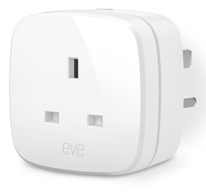 Angled front view of Eve Energy plug, with Eve logo on side.