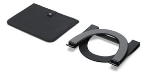 The Curve Flex Stand, in lowest adjustable position, next to included Neoprene travel sleeve.