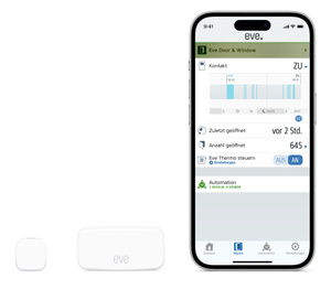 Die Eve Wireless Kontaktsensoren, neben einem iPhone mit dazugehöriger App, die den aktuellen Status der Tür und den Verlauf zeigt.