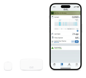 Eve Wireless Contact Sensors, next to iPhone, with the included app showing current door status and history.