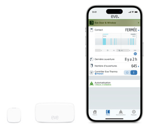 Paire de capteurs de contact sans fil Eve placée à côté d’un iPhone. L’app incluse montre l’état actuel et l’historique d’ouverture d’une porte.