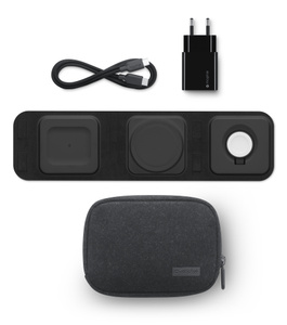 ชุดที่ชาร์จพกพา mophie 3-in-1 มาพร้อมแผ่นรองชาร์จ, สาย USB-C เป็น USB-C, ปลั๊กเสียบผนัง และเคสพกพา