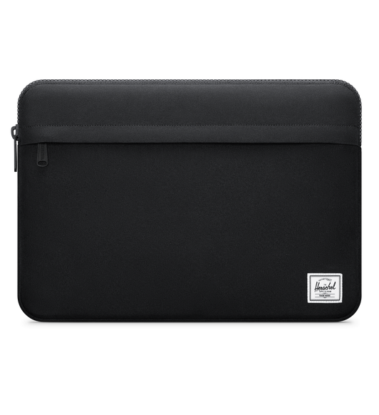 The Herschel Anchor Sleeve for MacBook is fully padded and features a top zipper, a zippered front pocket, and the company logo at lower right