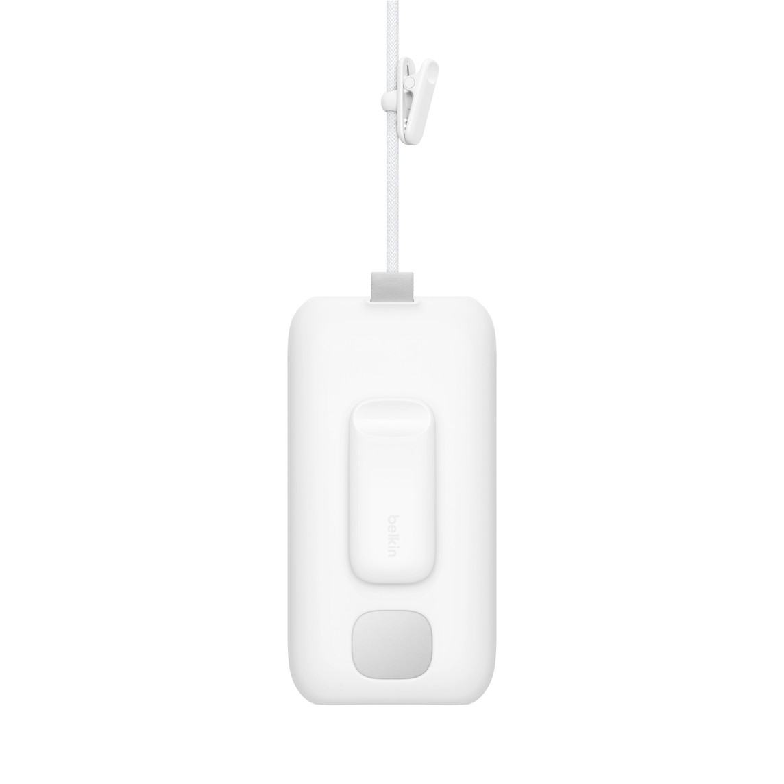 Back exterior, white Belkin Battery Holder, rectangular shape, rounded corners, straight sides. square cutout below the clip, dark grey square pull tab on top, includes cable clip for Apple Vision Pro Battery with built-in cable