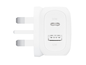 Bottom of Belkin BoostCharge Dual Wall Charger, 30W USB-C port at the top and 12W USB-A port at the bottom