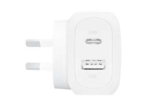 Bottom of Belkin BoostCharge Dual Wall Charger, 30W USB-C port at the top and 12W USB-A port at the bottom