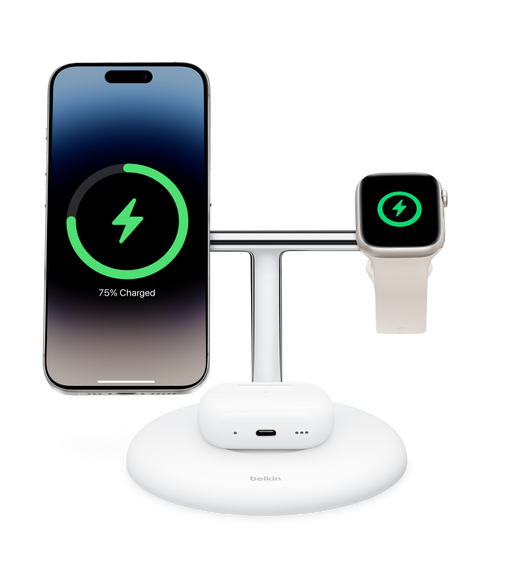 Belkin BoostCharge Pro 3-in-1 Magnetic Charging Stand simultaneously charging iPhone at left, Apple Watch at right and AirPods case  bottom center