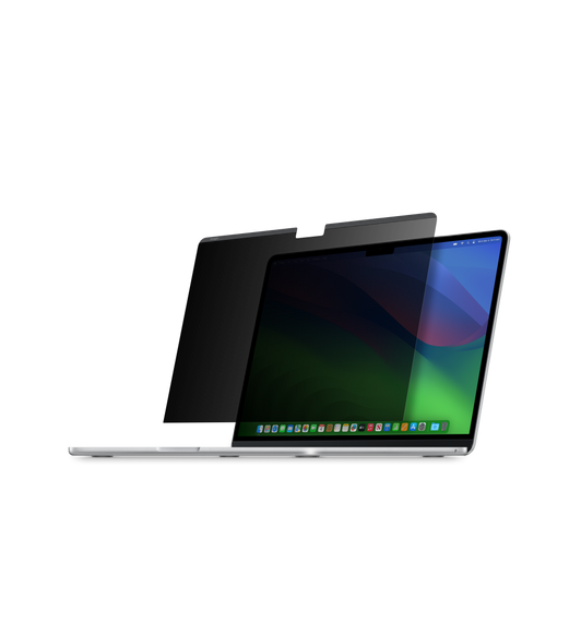 Kensington UltraThin Magnetic Privacy Screen, above open MacBook Air, about to be applied to screen