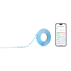 Nanoleaf Multicolor HD Lightstrip, illuminated in white and blue, coiled, next to iPhone with app showing color control options