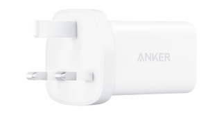 Angled side exterior, Anker 50W charger, plug folded out