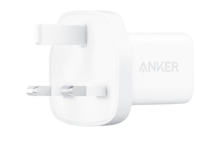 Angled side exterior, Anker 30W charger, plug folded out