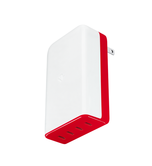 Imagen del adaptador de viaje PlugBug de 120 W de Twelve South en blanco y rojo que muestra los cuatro puertos USB-C de la parte inferior