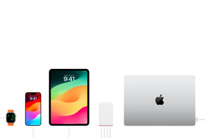 Twelve South PlugBug adapter charging Apple Watch, iPhone, and iPad at left, and MacBook at right