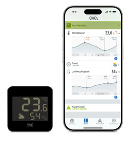 Eve Weather Gerät neben dem iPhone mit der Eve App, die Temperatur und Luftfeuchtigkeit anzeigt, die Apple Watch zeigt den EVE Standort