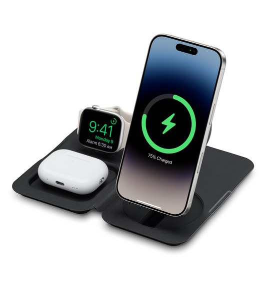 Nimble Fold 3-in-1 Travel Charger, black, unfolded, charging Apple Watch AirPods case and iPhone