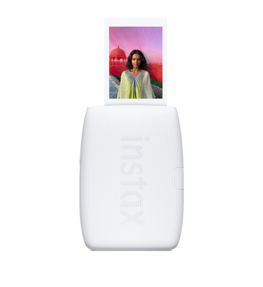 FUJIFILM Mini Link 3 Printer with blank photo emerging from top, Instax logo at center