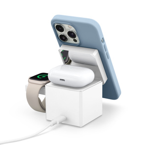 Back of Anker 3-in-1 Cube with Qi2, simultaneously charging iPhone, Apple Watch and AirPods case, USB-C power cable connected to bottom