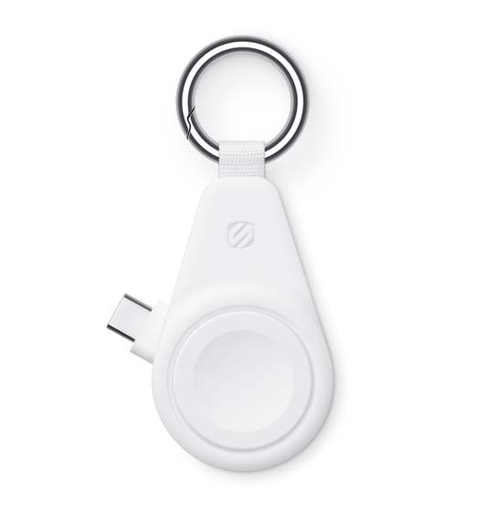 Scosche WatchIt Apple Watch Magnetic Fast Charger, white, with USB-C power connector extended at upper left