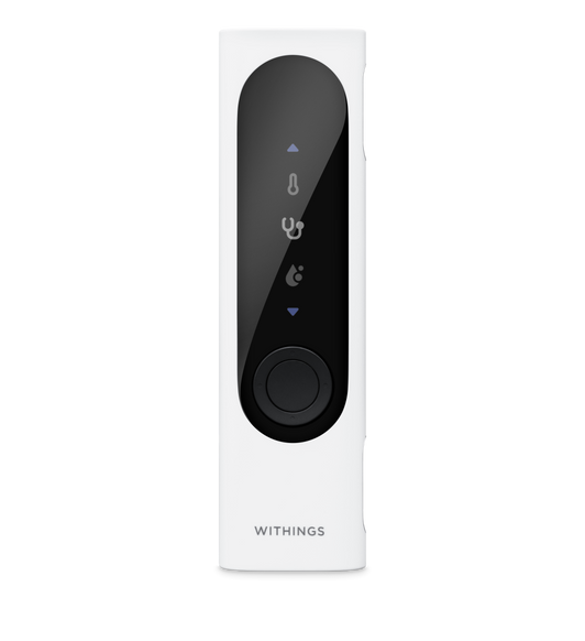 Withings BeamO health scanner, white colour, Withings logo at bottom, black oblong control panel at centre with icons for medical readings