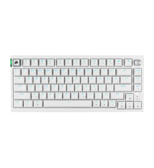 CORSAIR K65 Plus Wireless Mechanical Gaming Keyboard, green power indicator at upper left, and standard keyboard configuration