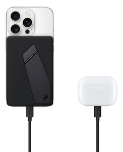 Nimble Portable Charger attached to iPhone via MagSafe with USB-C cable on left, charging AirPods case with wired connection