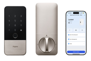 Aqara Smart Lock outer panel with keypad, inner panel with lock, and iPhone app