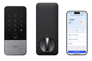 Aqara Smart Lock outer panel with keypad, inner panel with lock, and iPhone app