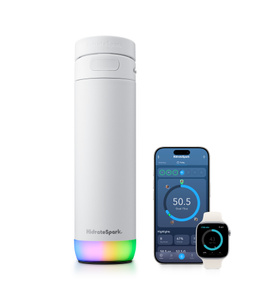 HidrateSpark Smart Bottle, iPhone and Apple Watch on the right displaying Hydrate app metrics