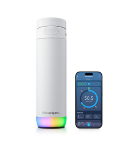 HidrateSpark Smart Bottle, iPhone on the right displaying Hydrate app metrics
