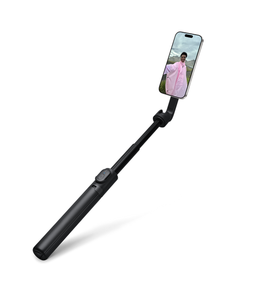 ShiftCam SnapStand Max Full Height Mobile Tripod, extended, removable Bluetooth remote on the handle, iPhone attached via MagSafe on the upper right